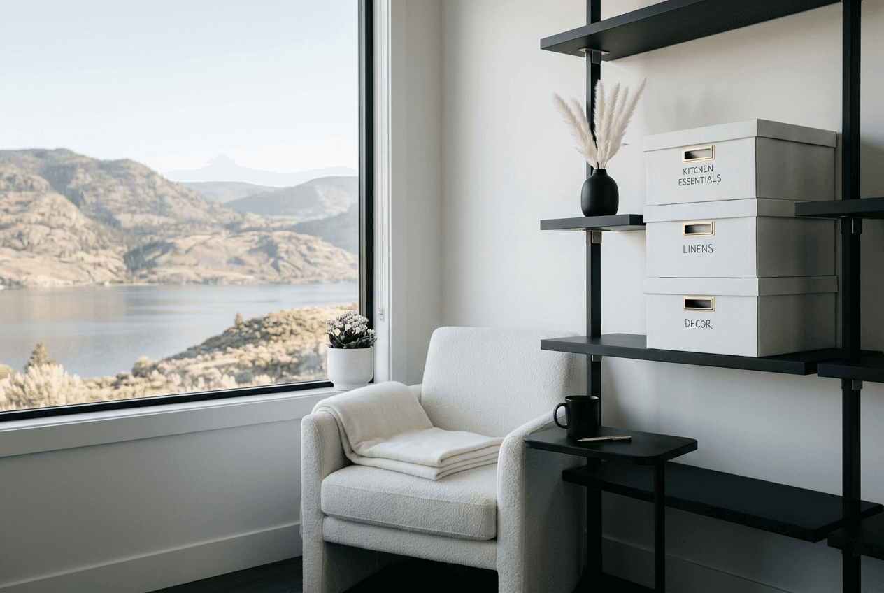 A calm smaller Okanagan living room with labelled boxes and a lake view